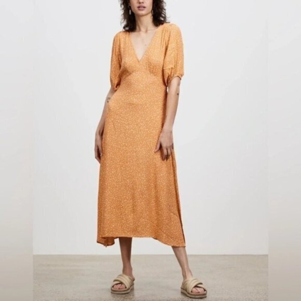 Kivari Women's Fleur Ditsy Midi Dress Orange Rust Floral Print Tie Waist Size XS